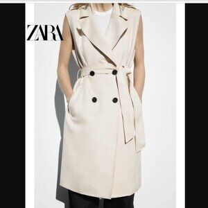 ZARA WOMEN LIGHT CAMEL LONG FAUX SUEDE WAISTCOAT SIZE S NWT